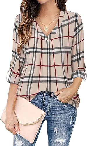 Youtalia Womens 3/4 Cuffed Sleeve Chiffon Blouse for Casual Wear