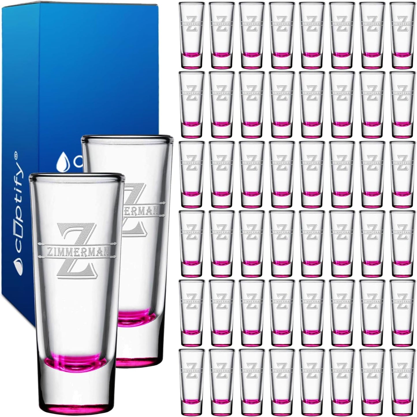 Personalized Shot Glasses Set of 50 with Elegant Pink Bottom