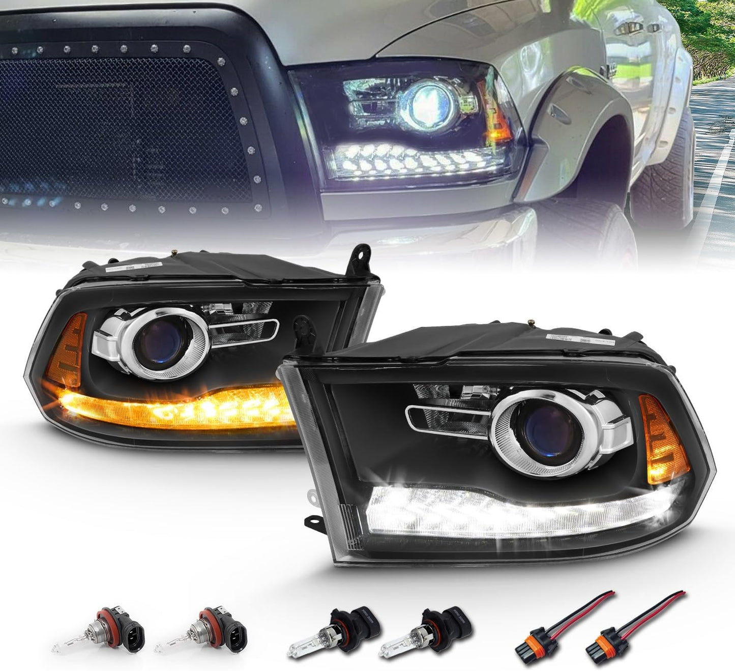 AmeriLite Dual Projector LED Tube Headlight Assembly for Dodge Ram