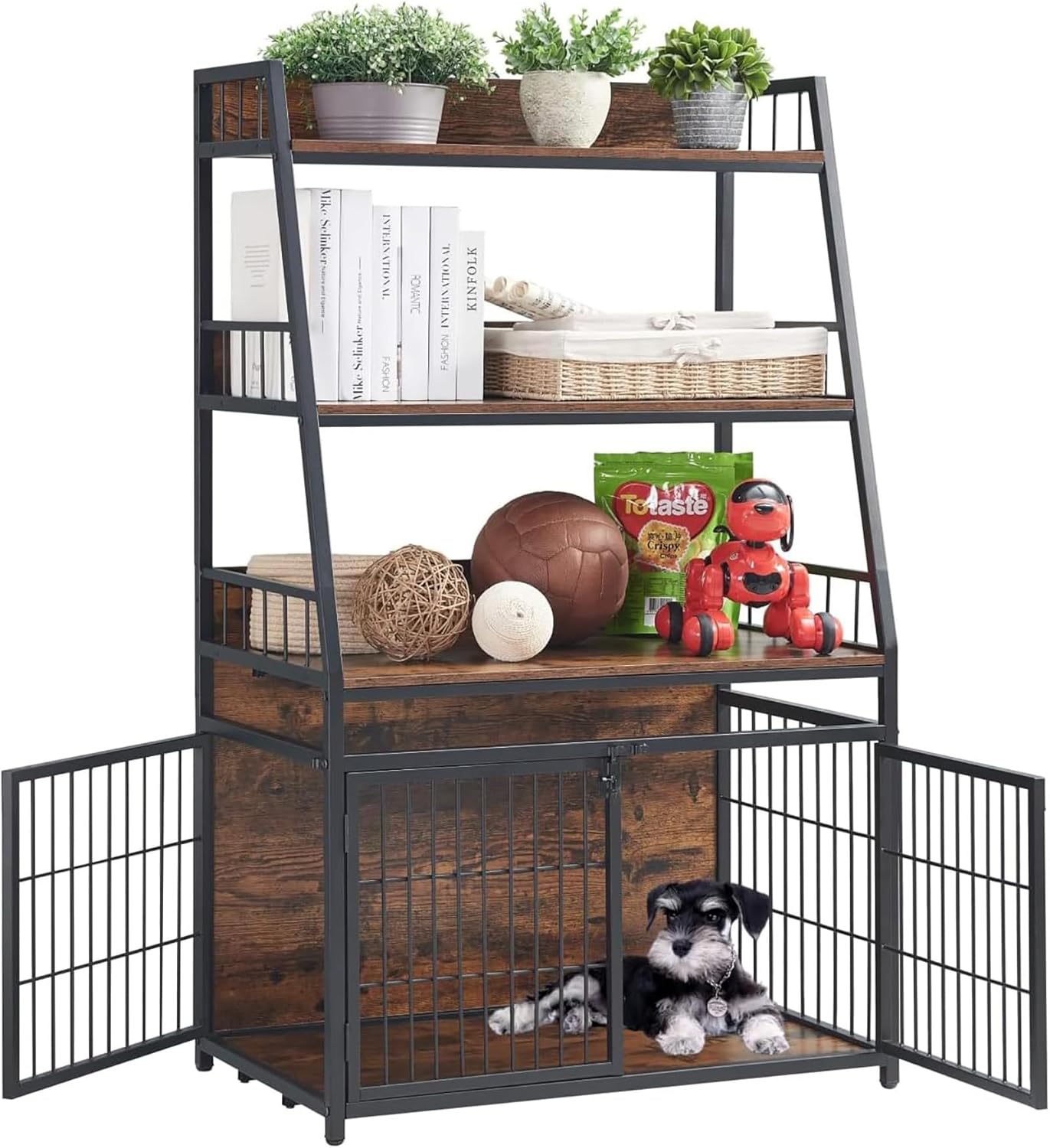 Heavy Duty Dog Crate Furniture with 3 Doors and Storage Shelves