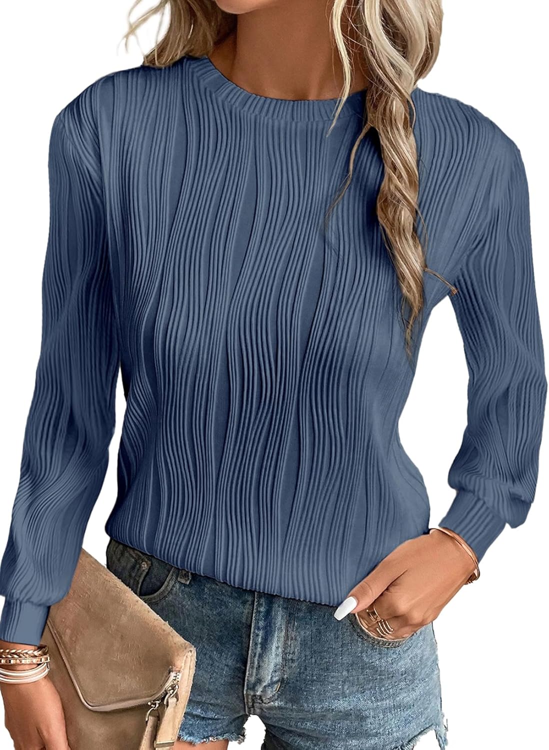 Trendy Dressy Casual Long Sleeve Crewneck Tops for Women