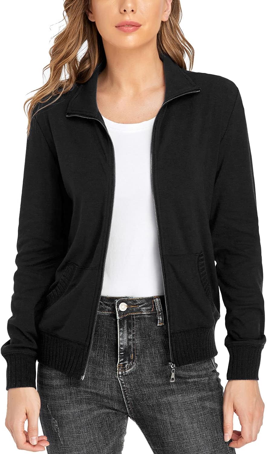 andy & natalie Women's Stand Collar Zip Up Jacket for Comfort