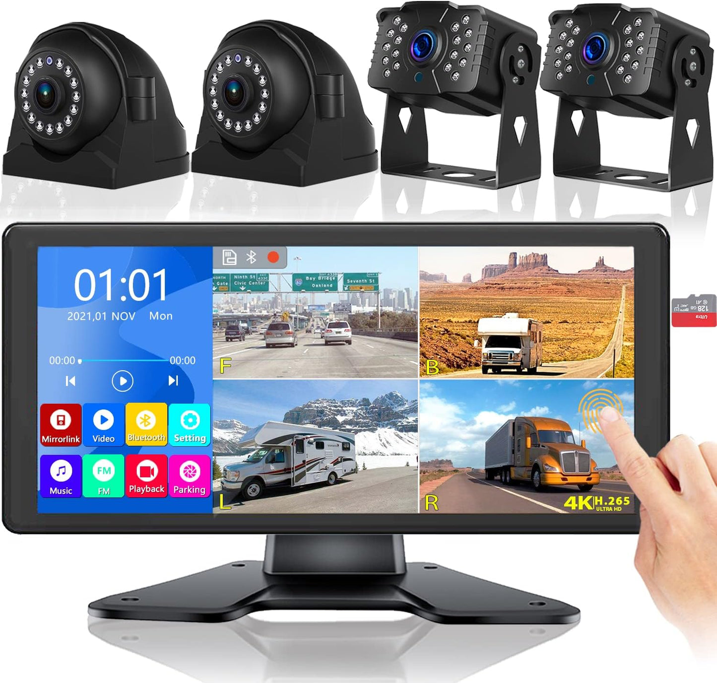 DOUXURY RV Backup Camera Kit: 4K Touch DVR + 4 IP69 Cameras
