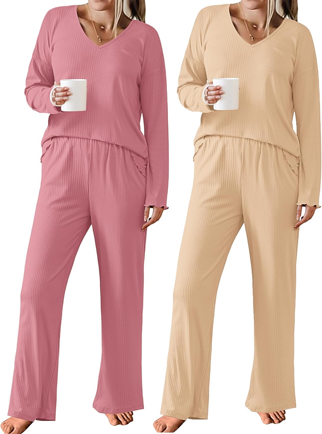 Ekouaer Womens Ribbed Knit Pajama Set with Pockets for Comfort