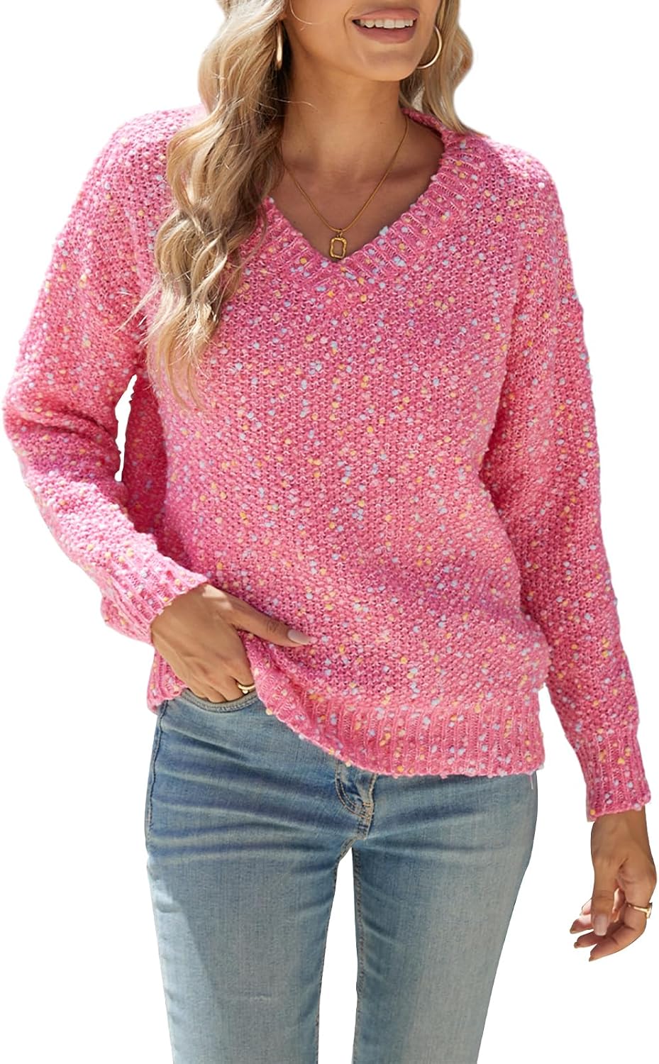 Cakulo Womens 2024 Fall Sweaters V Neck Colorful Chunky Knit