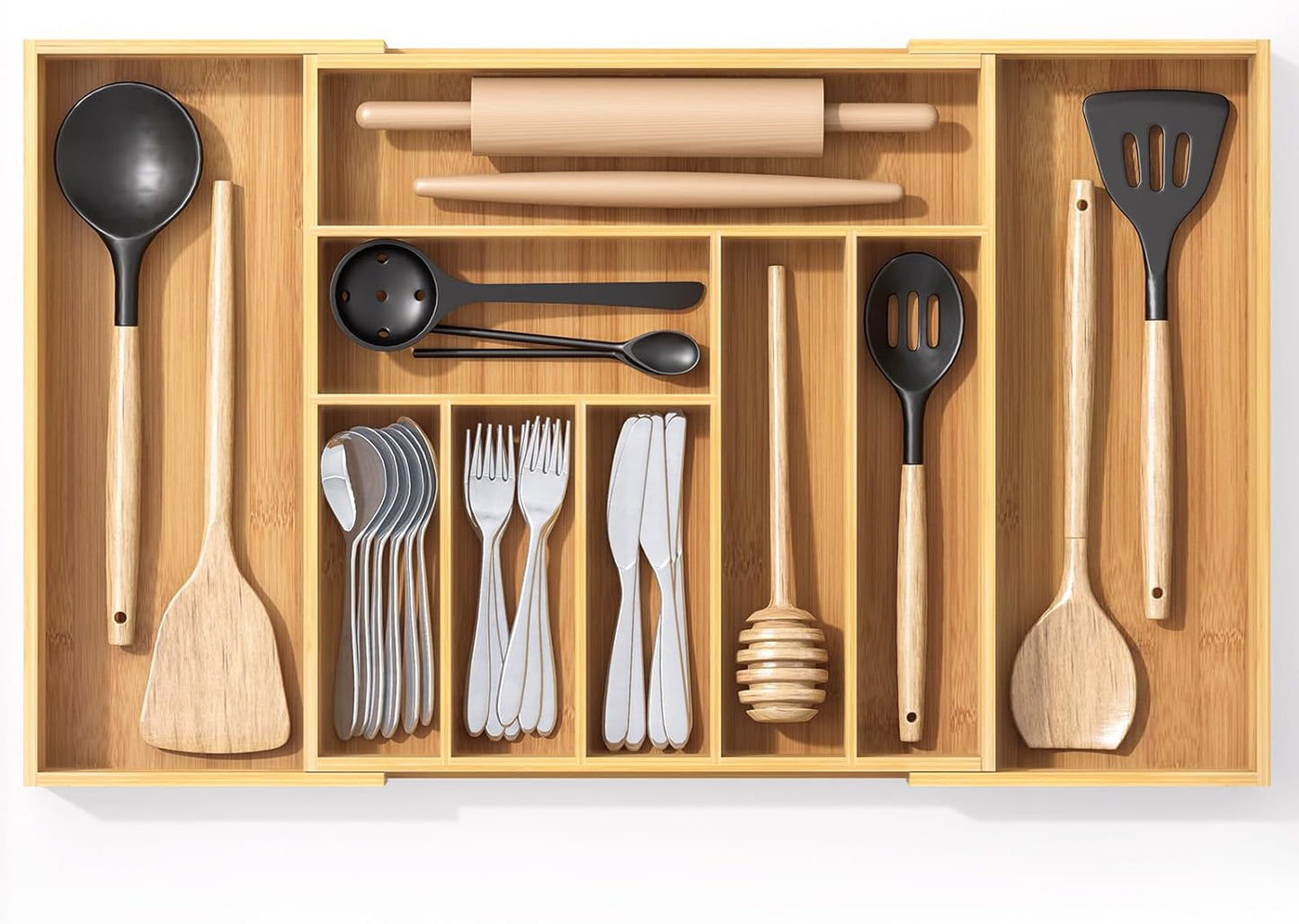 Bamboo Utensil Organizer for Kitchen Drawers with 9 Slots