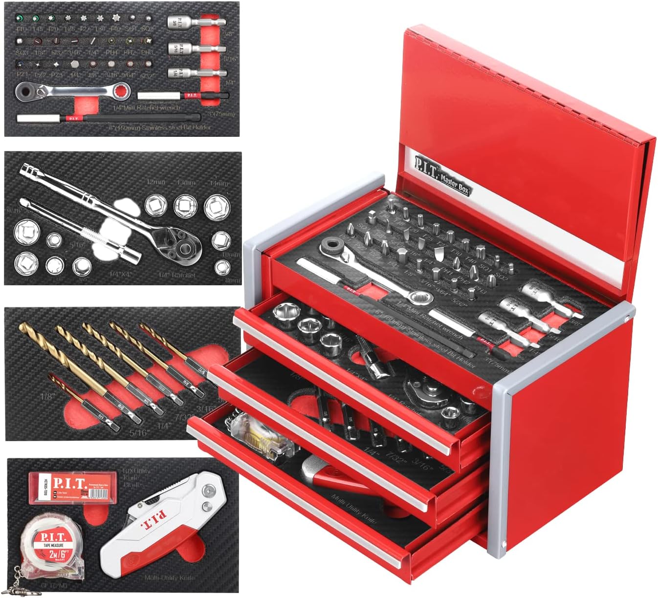 P.I.T. Portable 3 Drawer Steel Tool Box with 61-Piece Set