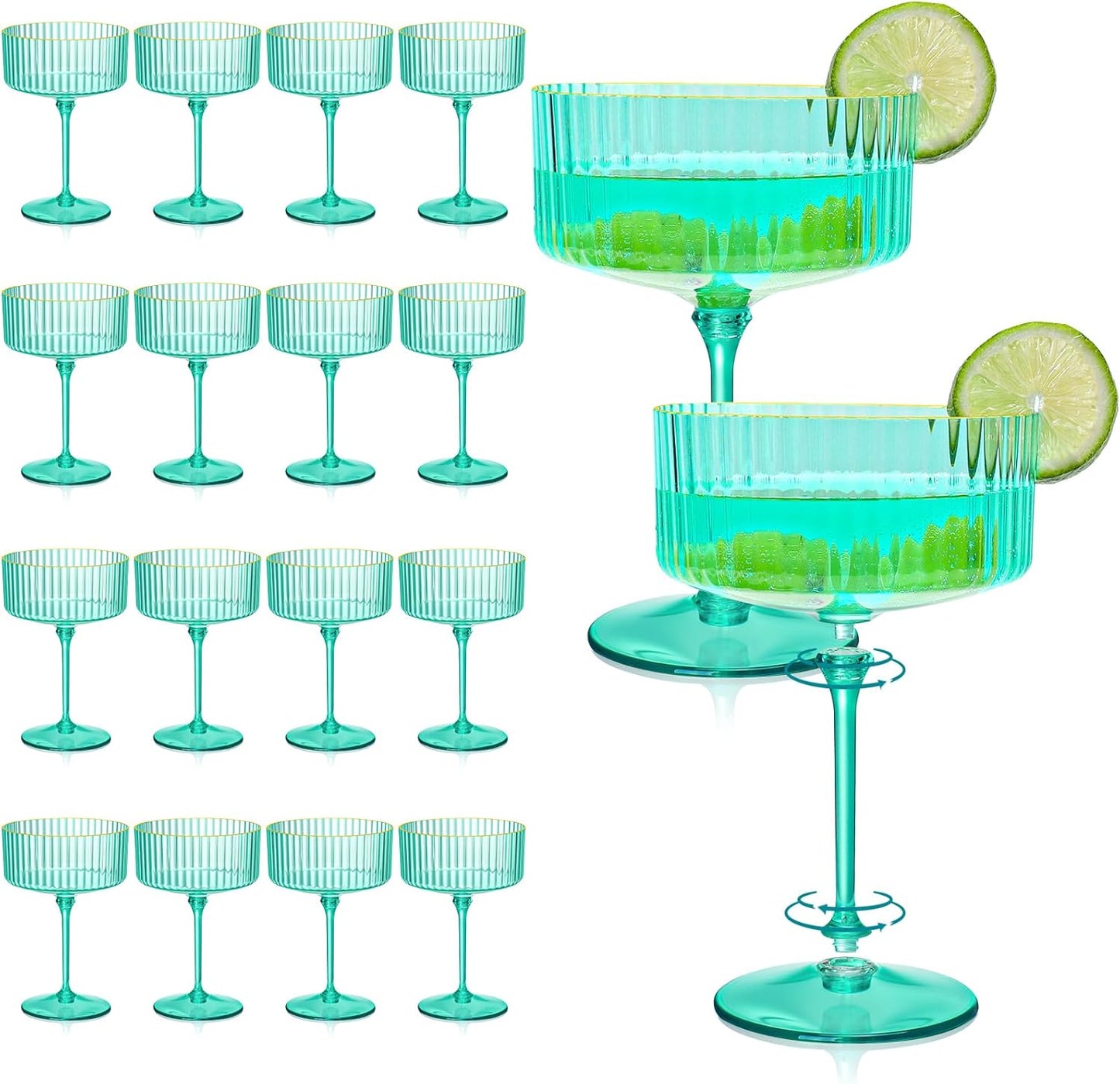 Elegant 24 Pcs Teal Martini Glasses Set with Gold Rim Design