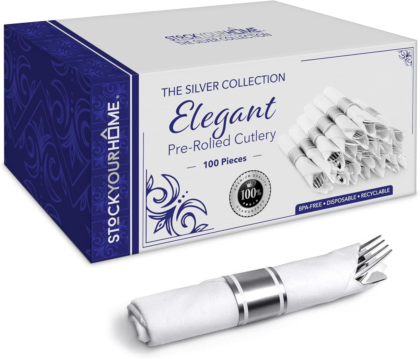 100 Pack Pre Rolled Silver Plastic Cutlery Set for Parties