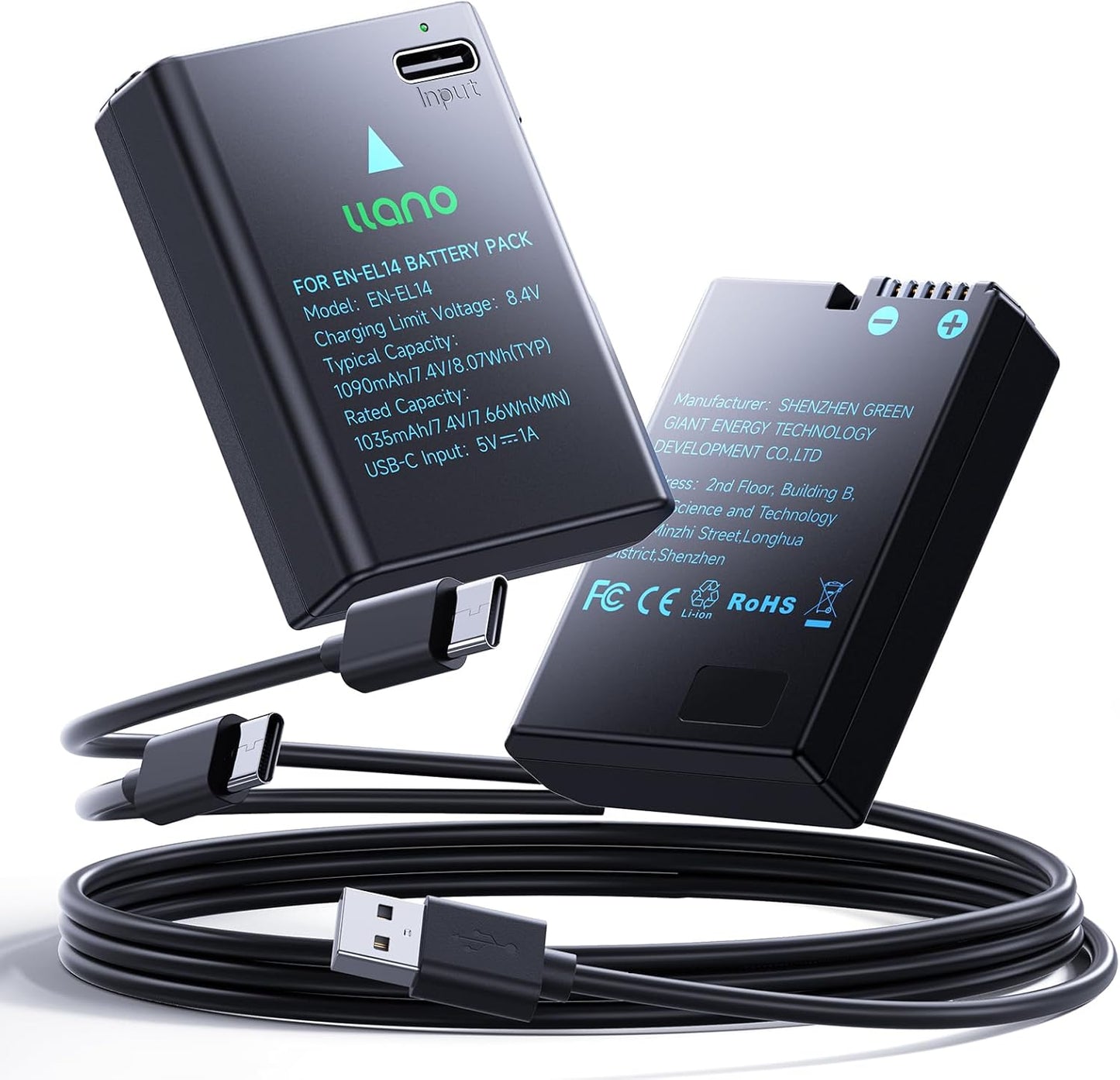 llano 2 Pack USB-C EN-EL14 Battery for Nikon Cameras