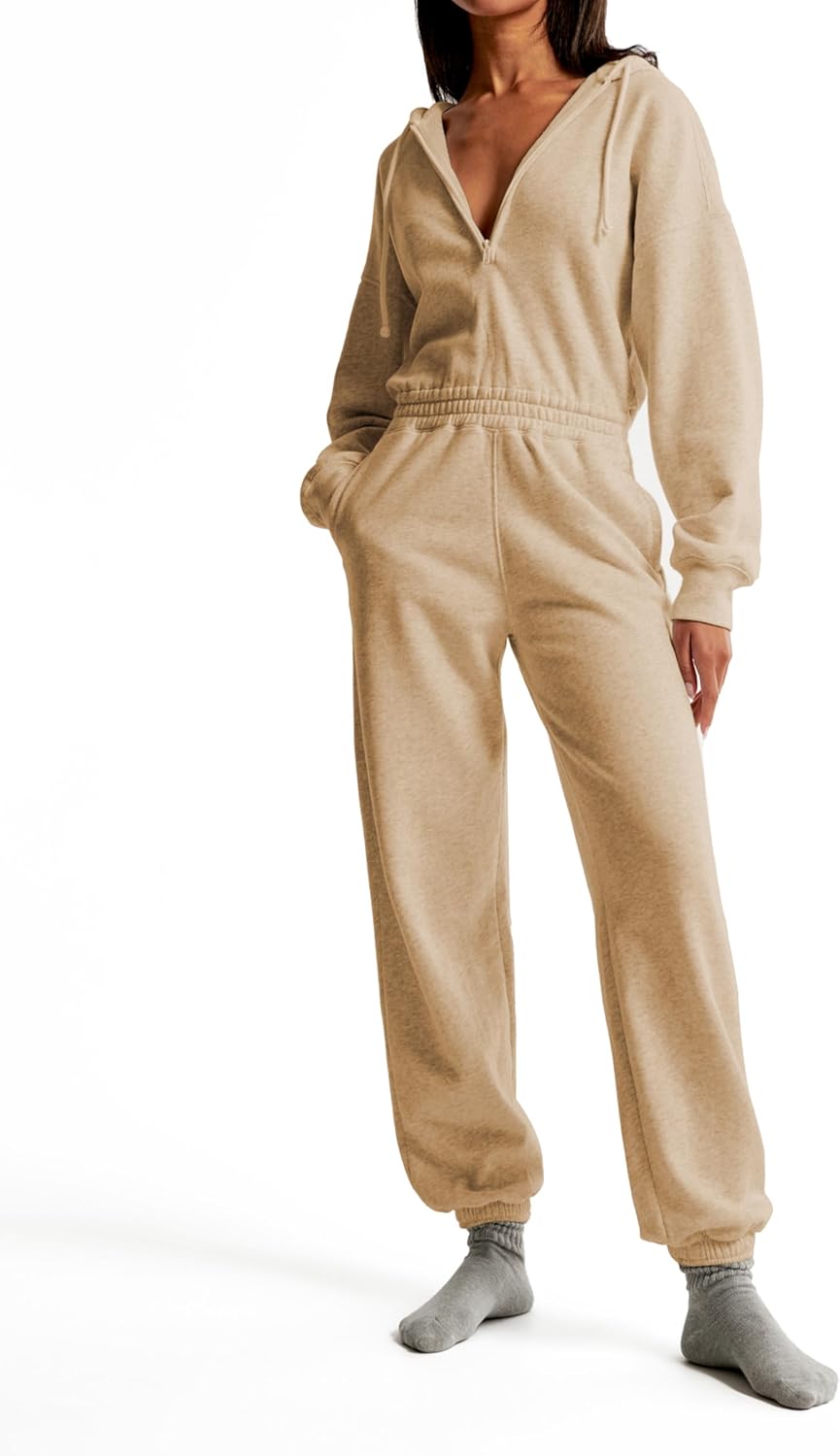 Casual Hoodie Jumpsuits for Women - Zip Up Sweatshirt Outfit