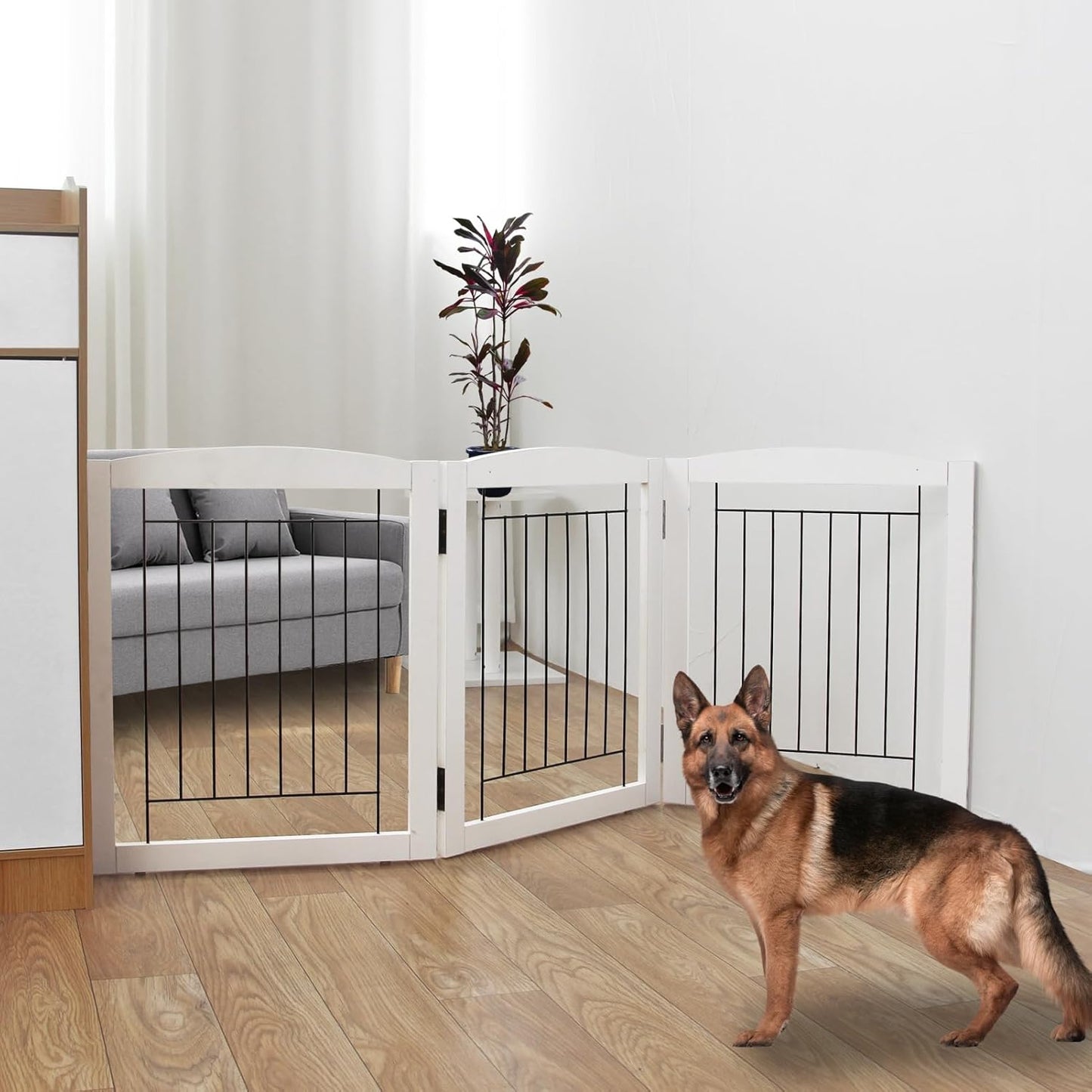 Freestanding Foldable Dog Gate for House Extra Wide Wooden