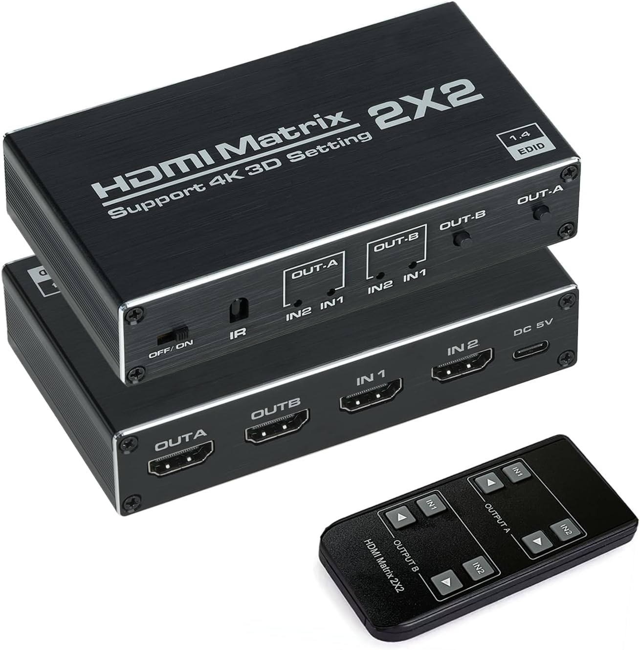 HDMI Matrix 2x2 Switcher Splitter Box with IR Remote Control