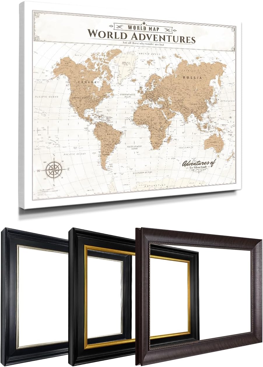 IPIC Custom Vintage World Map Canvas Wall Art for Travel Lovers