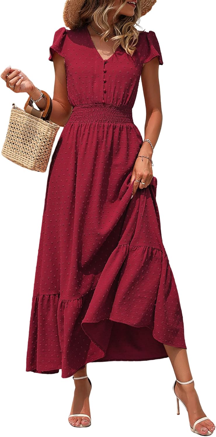 PRETTYGARDEN Womens Summer Maxi Dress Boho Short Sleeve V Neck
