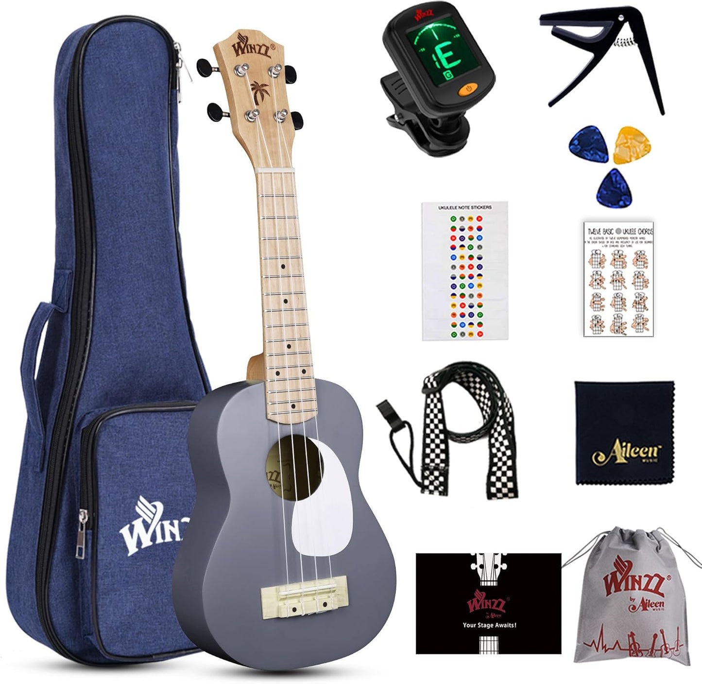 WINZZ Soprano Ukulele for Beginners, 21 Inch Hawaiian Wood