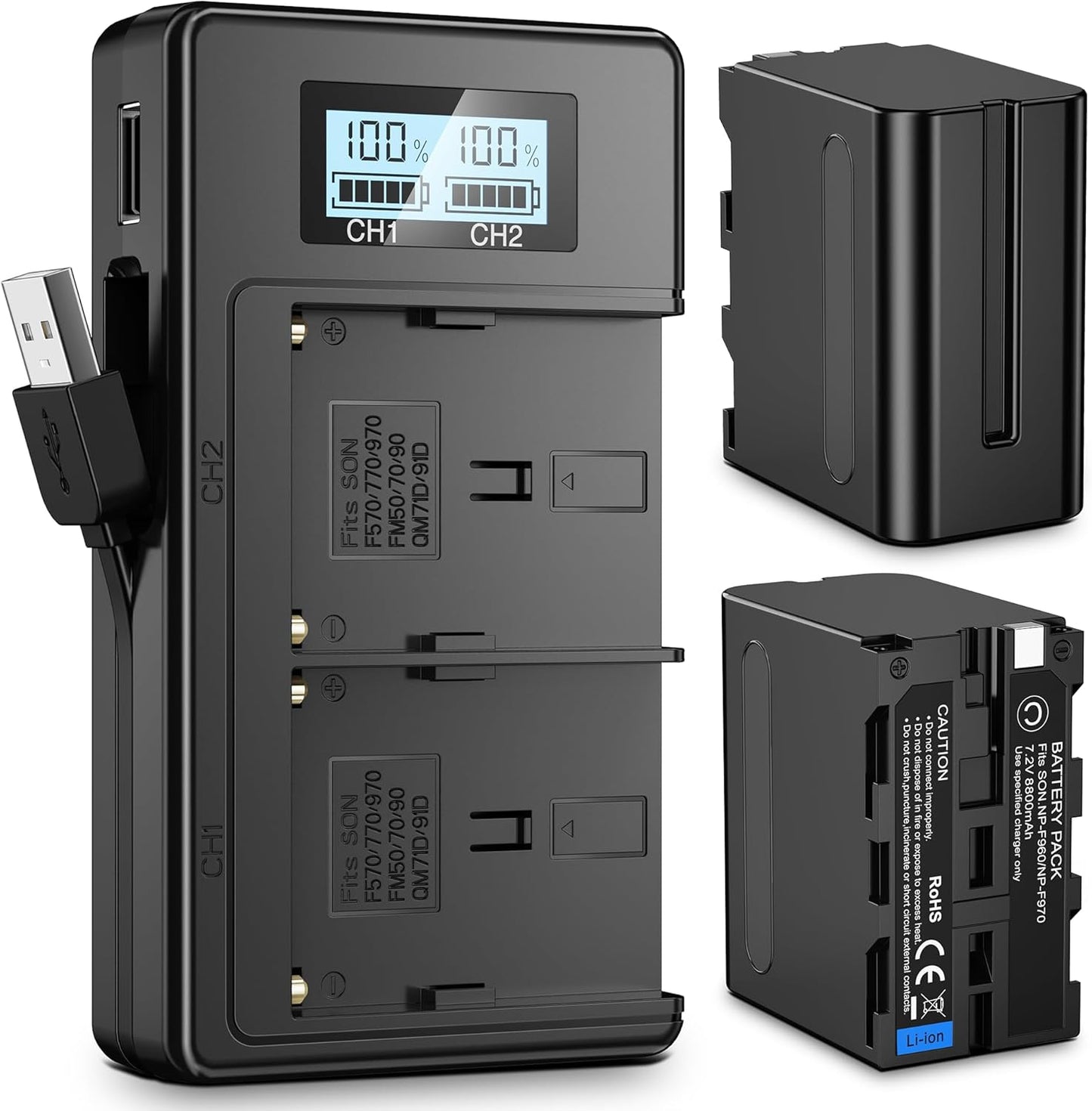 2 x 8800mAh Rechargeable NP-F970 Batteries for Camcorders
