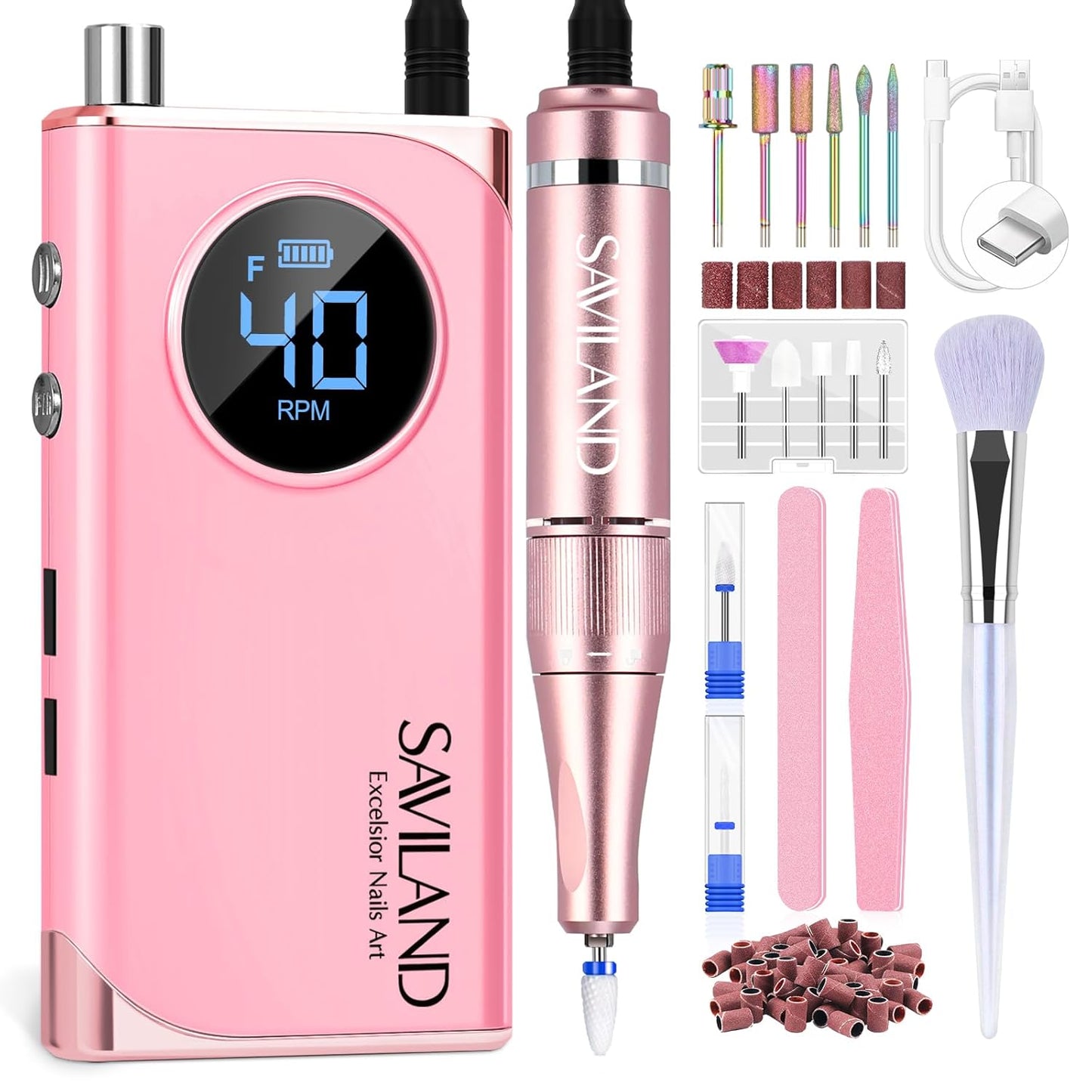 SAVILAND Electric Nail Drill: Professional 40000RPM Pink Filer