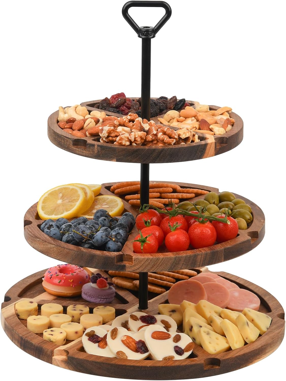 Elegant Acacia Cheese Board with Three Tiered Easy-to-Spin Trays