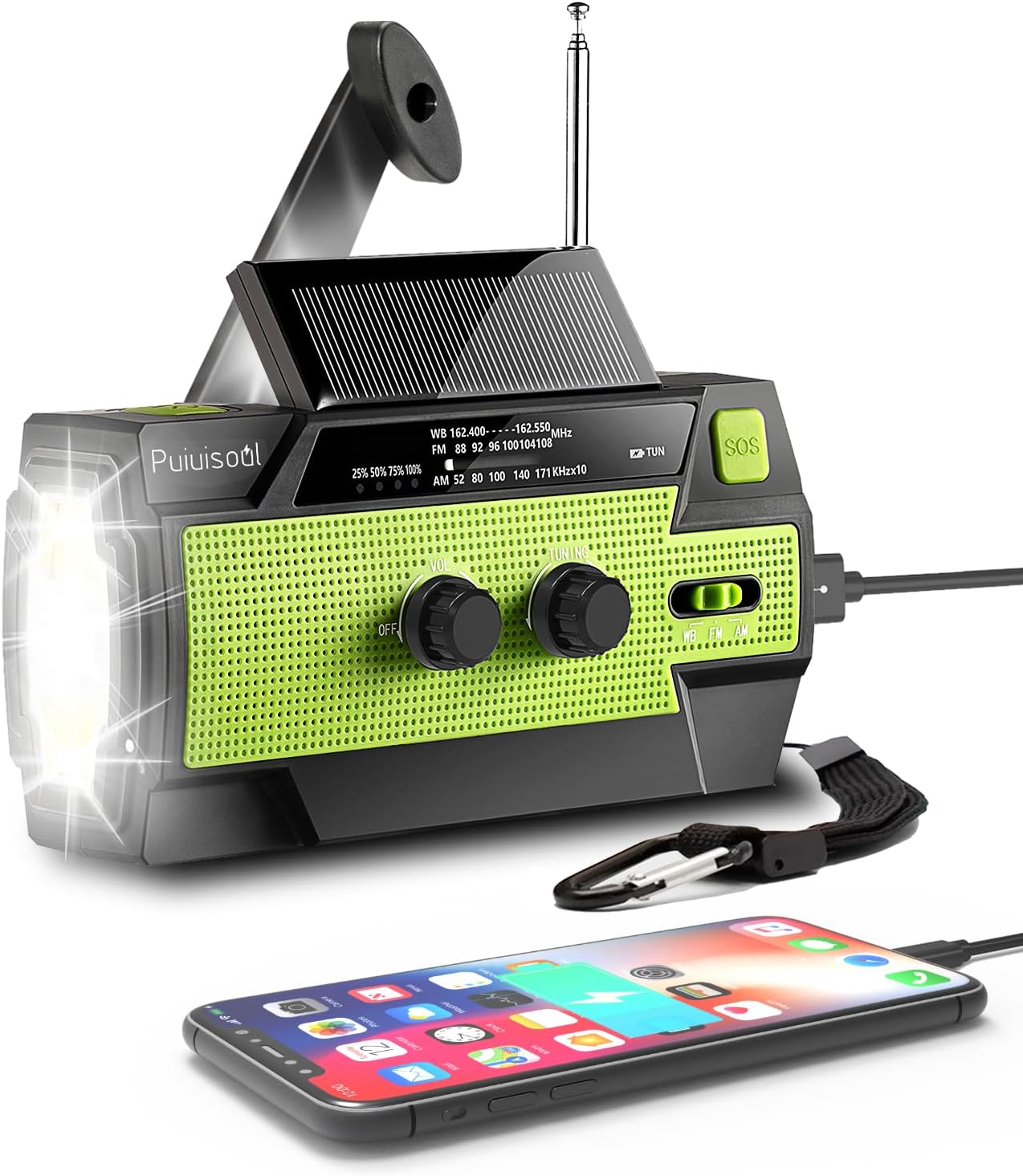 Puiuisoul Emergency Radio: 4000mAh Power | Hand Crank & Solar | 3 Gear Flashlight