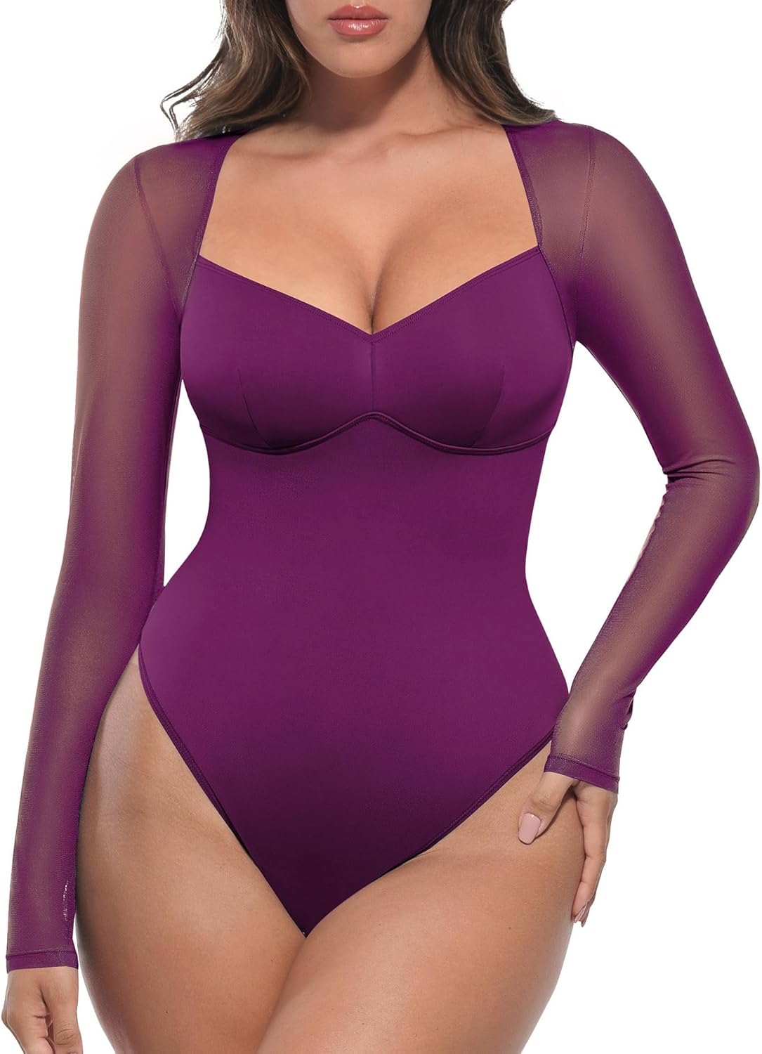 FeelinGirl Long Sleeve Bodysuit for Women with Sexy Mesh Design