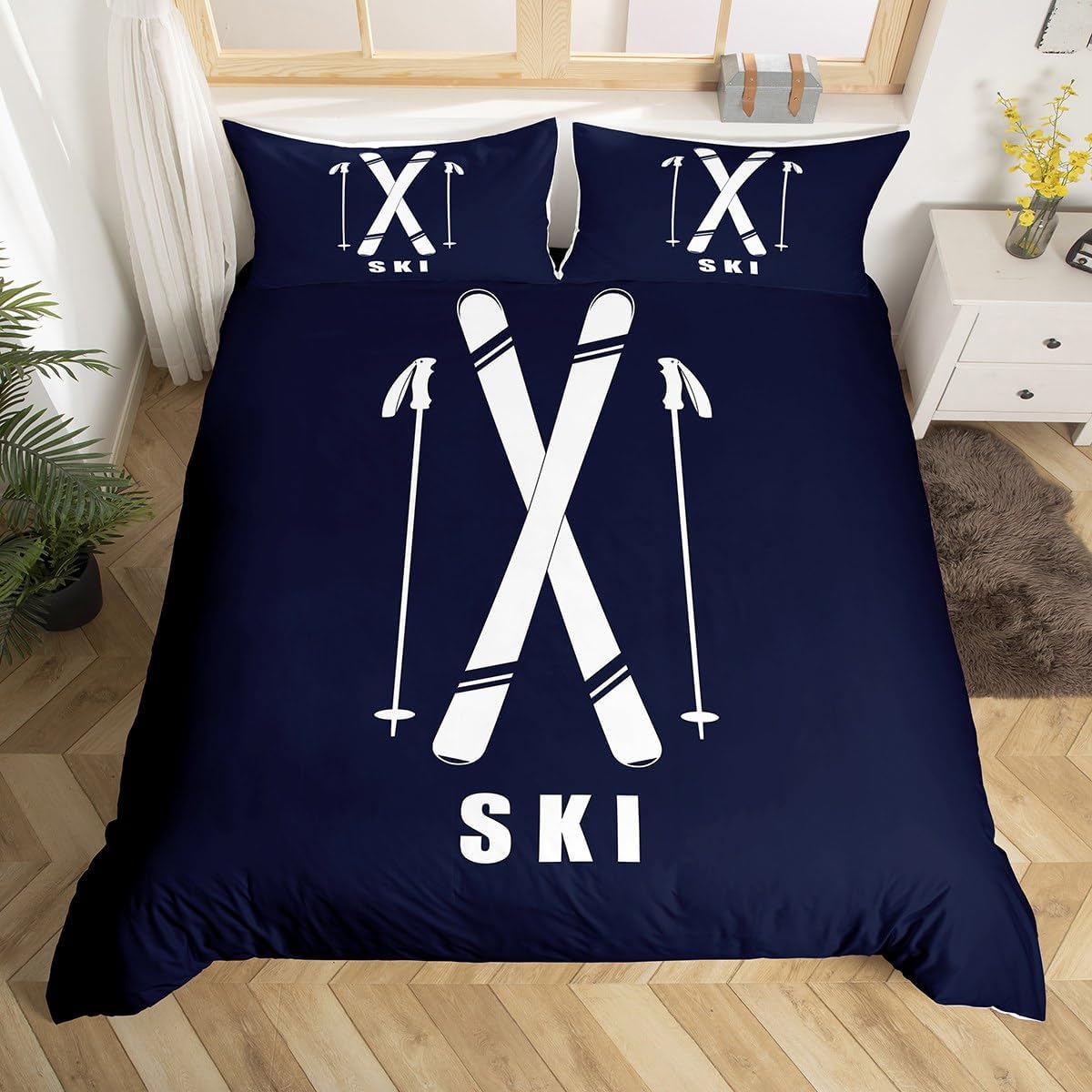 Ski-Inspired Queen Duvet Set, Navy Blue, 3PC