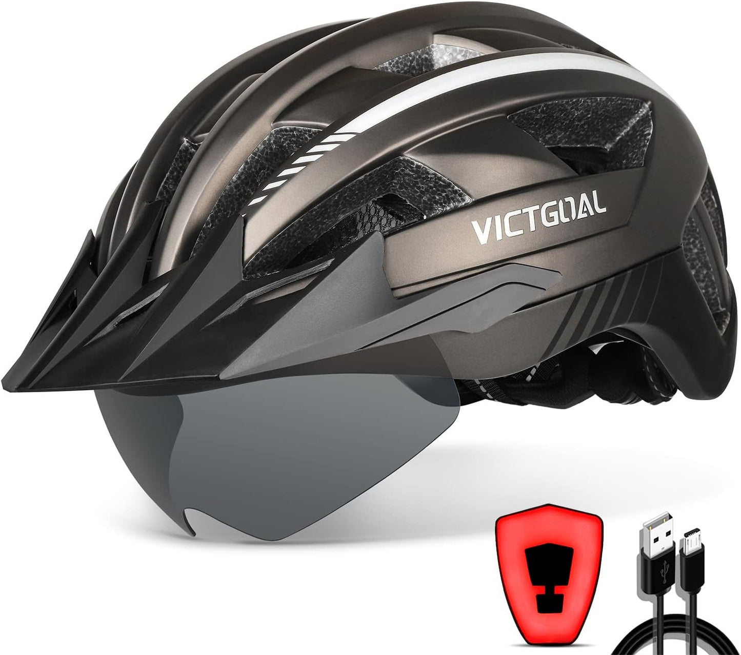 VICTGOAL Bike Helmet with Rechargeable Light and Goggles