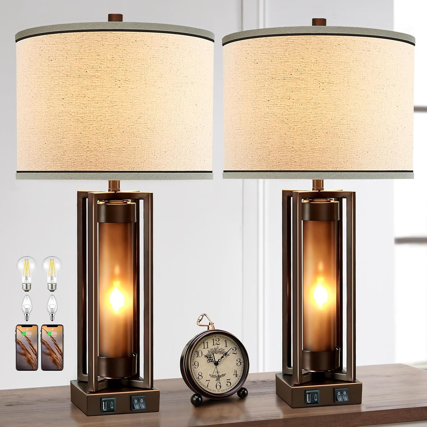 Rustic Table Lamps Set of 2 with USB Ports for Modern Homes