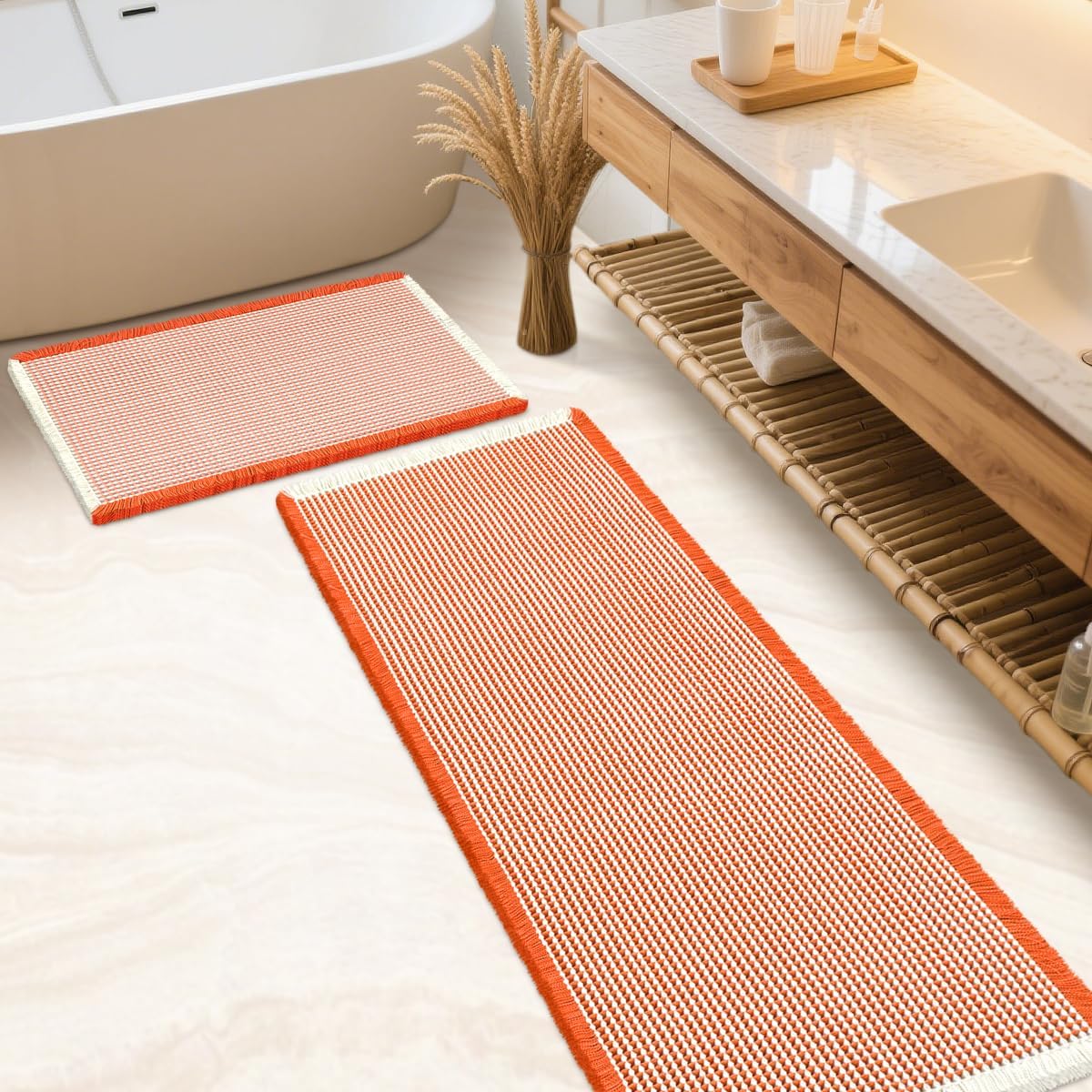 Waffle Bath Mat Set 2 Piece Orange & Cream for Modern Bathrooms