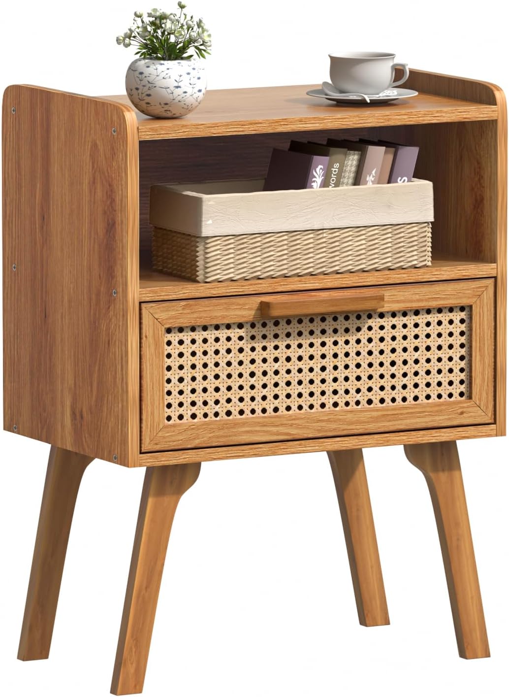 Rattan Nightstand with Drawer and Open Shelf for Small Spaces