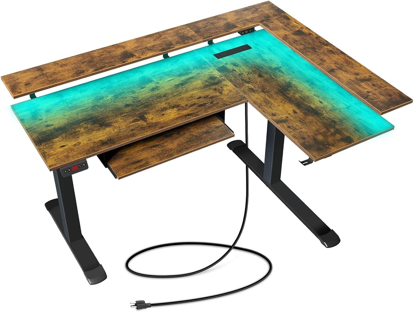 Rustic Brown L-Shaped Electric Standing Desk - Height Adjustable with LED Light & Power Outlet