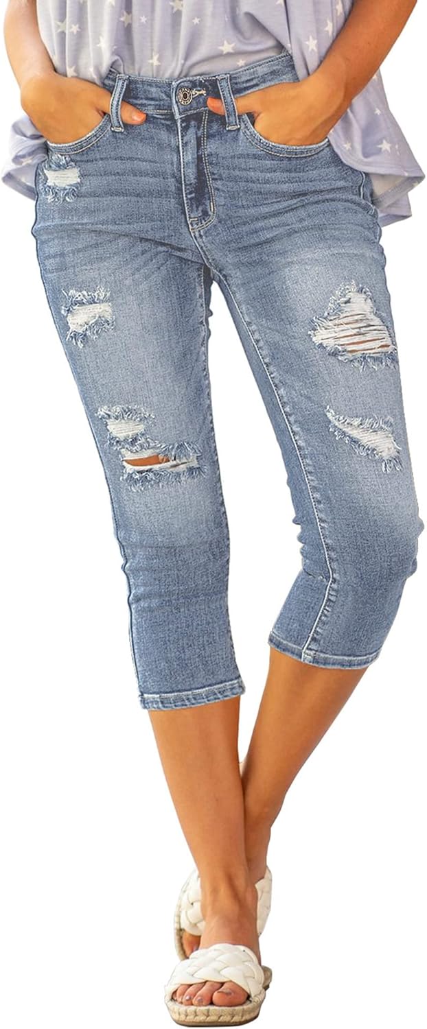 Luvamia Womens Capri Jeans High Waisted Skinny Ripped Denim