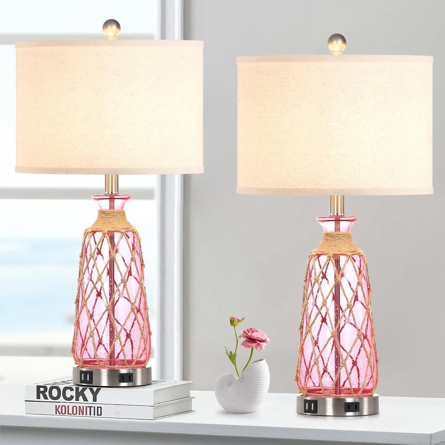 25.5 Coastal Glass Table Lamps Set of 2 with USB Ports
