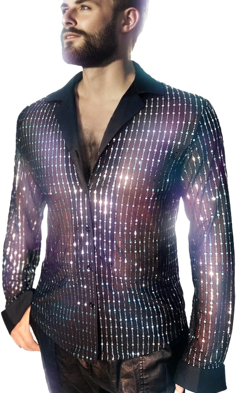 Mens Mesh Sequins See Through Disco Long Sleeve Shirt for Parties
