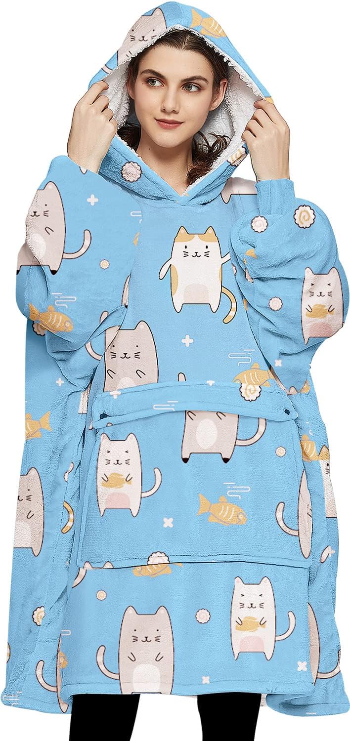 Wearable Blanket Hoodie for Adults Sherpa Blue Cat Patterns