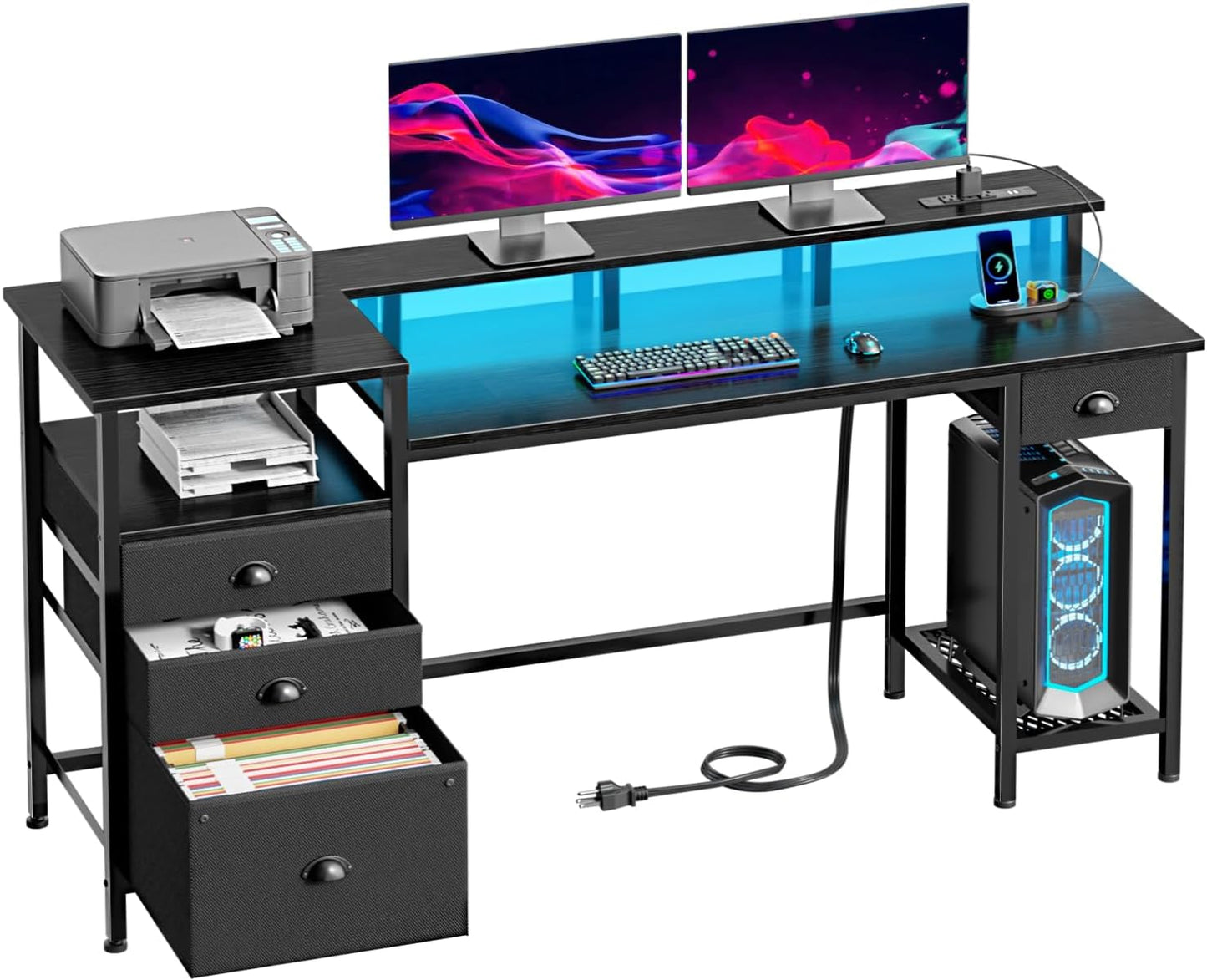 60 Black Computer Desk with 4 Drawers & Power Outlets