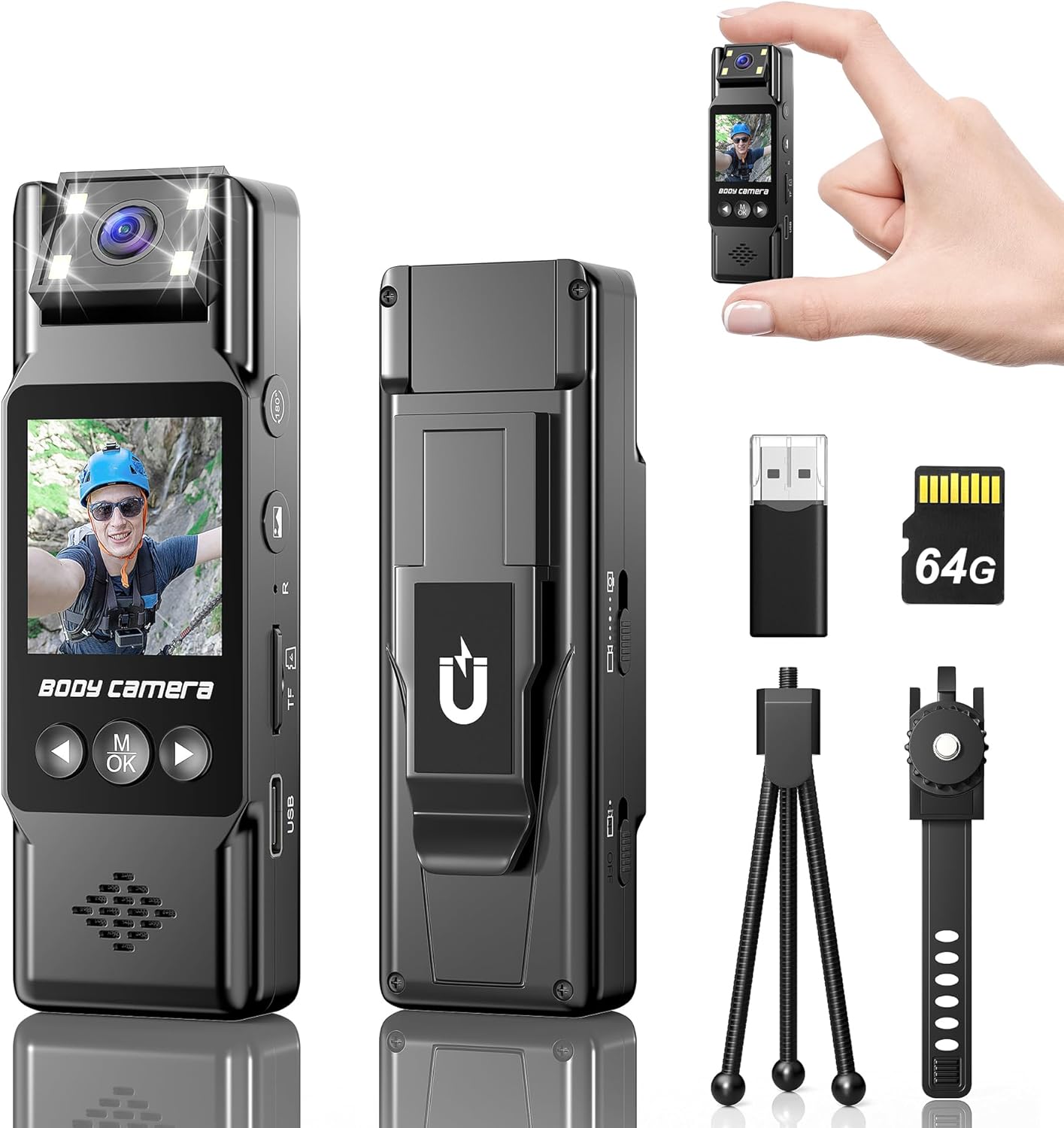 4K HD Body Camera with 180 Rotatable Lens and Flash Light