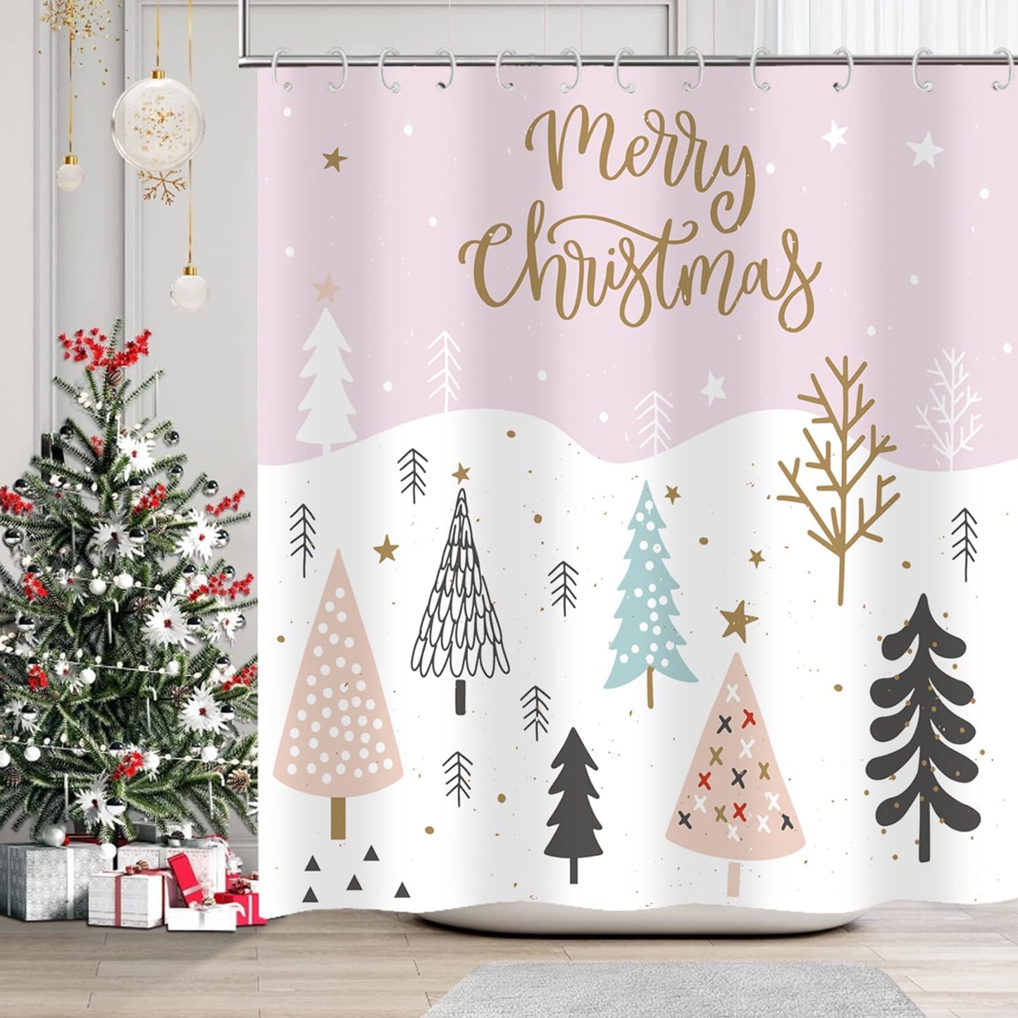 Winter Wonderland Shower Curtain Set, Waterproof & Cute Stars Christmas Tree Design, Bathroom Decor 72x72