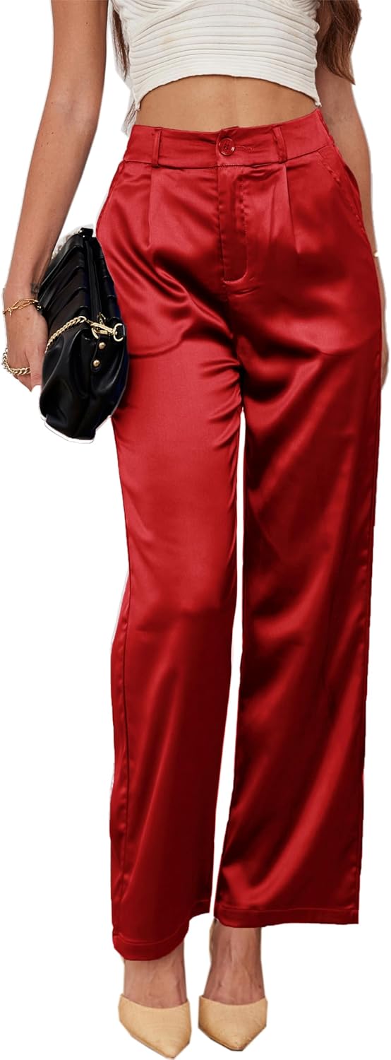 Wide Leg Satin Casual Dress Pants for Women Nightout Events