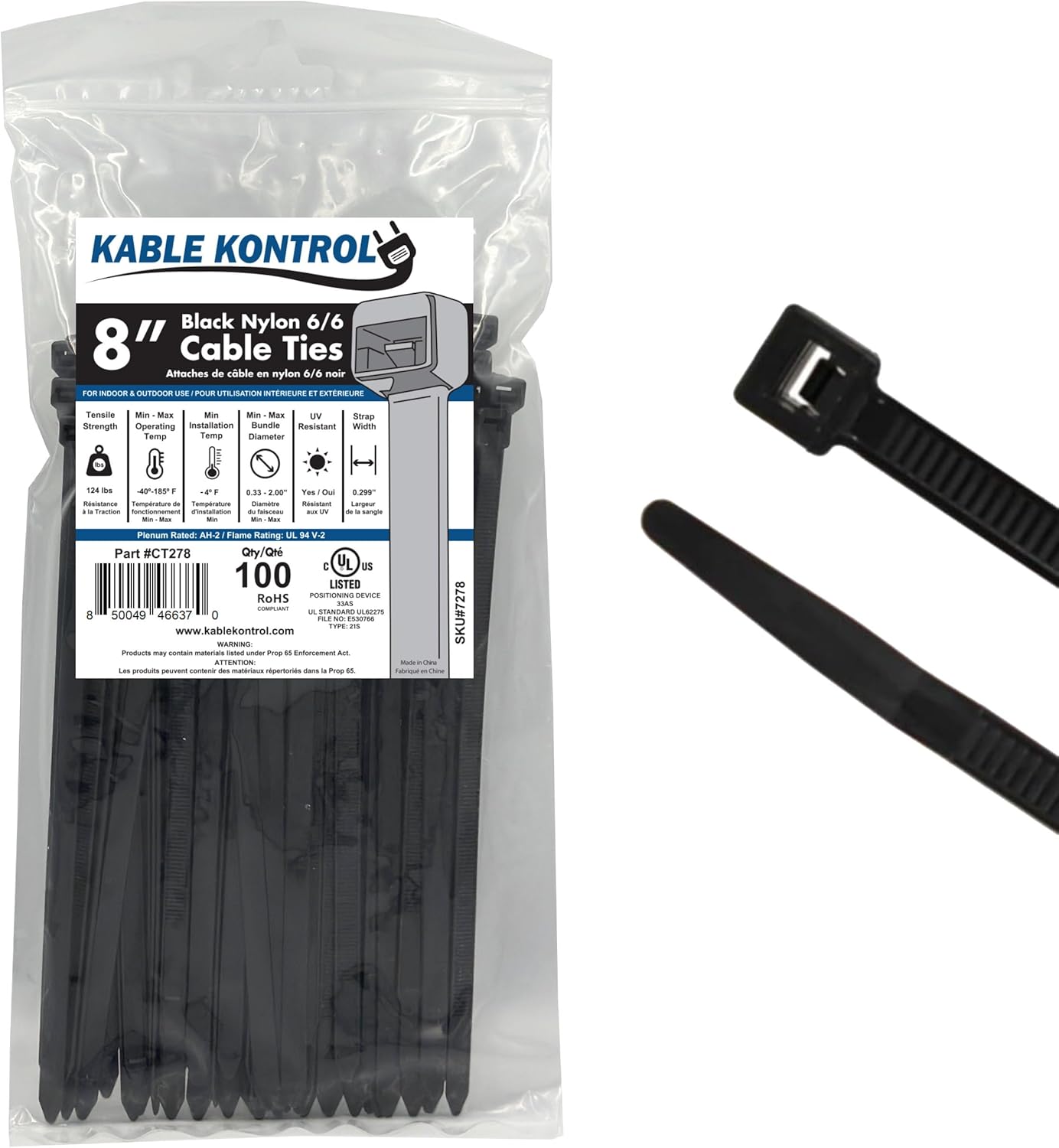 100Pc 8 Black Cable Ties - 120 Lbs Strength