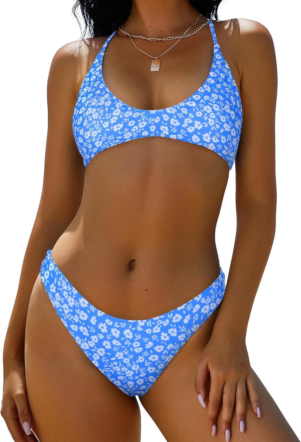 ZAFUL Women's Tie Back Padded High Cut Bralette Bikini Set