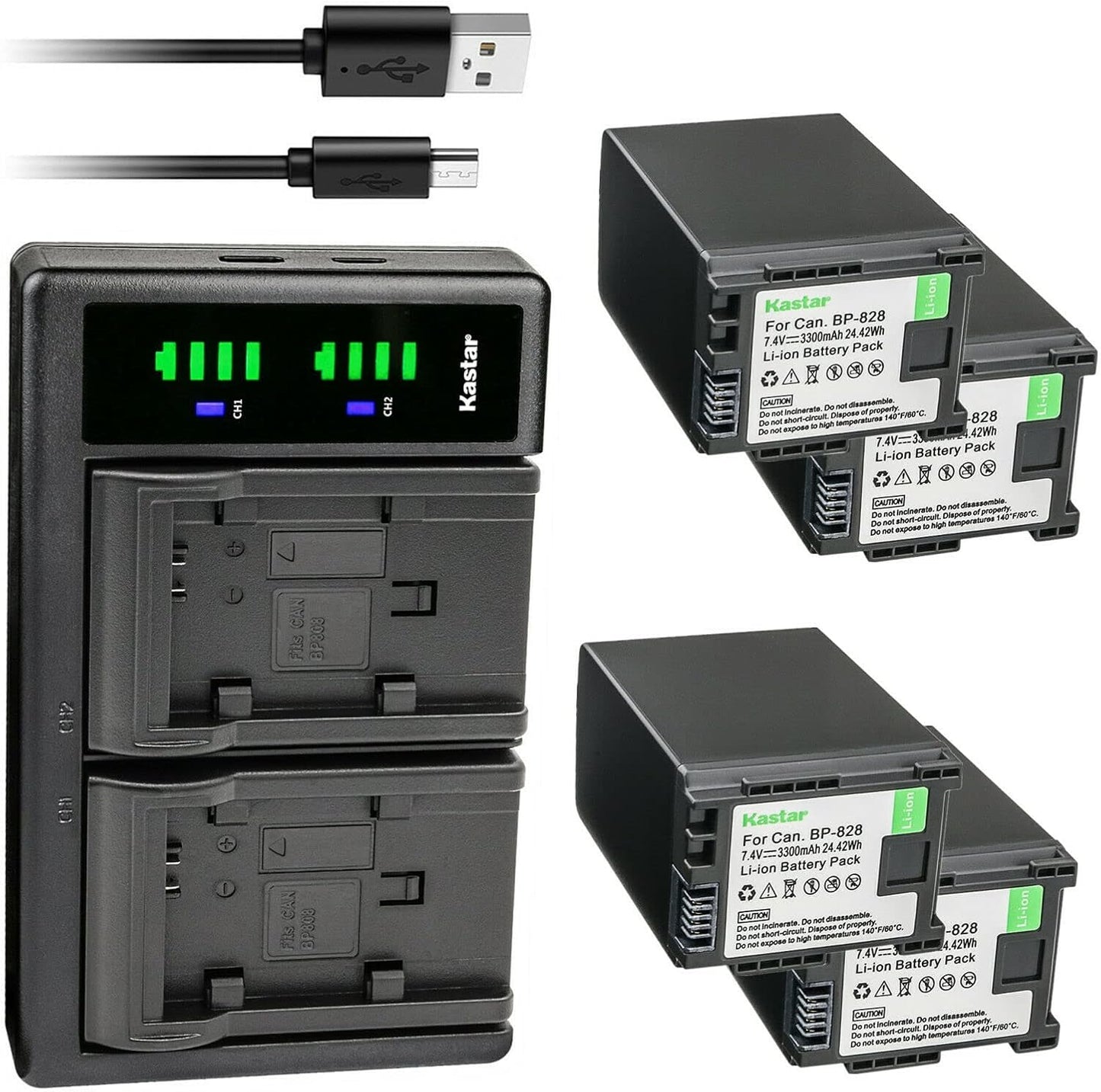 Kastar 4-Pack BP-828 Battery and USB Charger for Canon Cameras