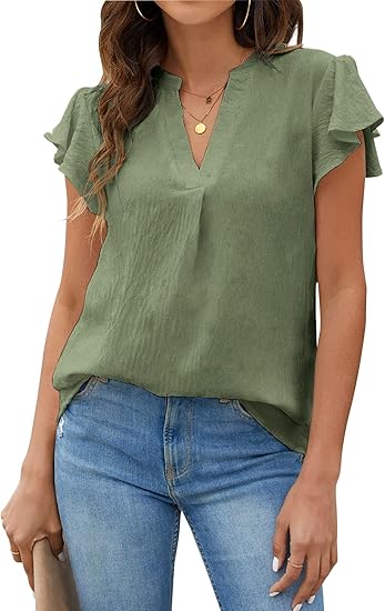 Blooming Jelly Womens White Blouse V Neck Ruffle Sleeve Flowy Tops