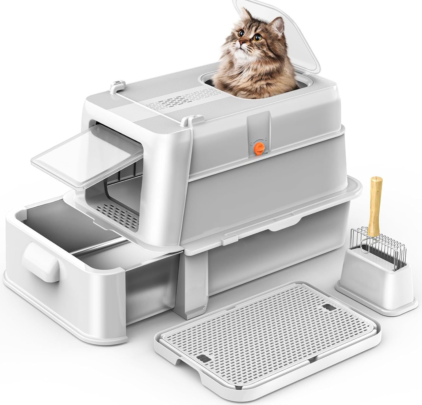 Enclosed Stainless Steel Cat Litter Box for Big Cats with Lid