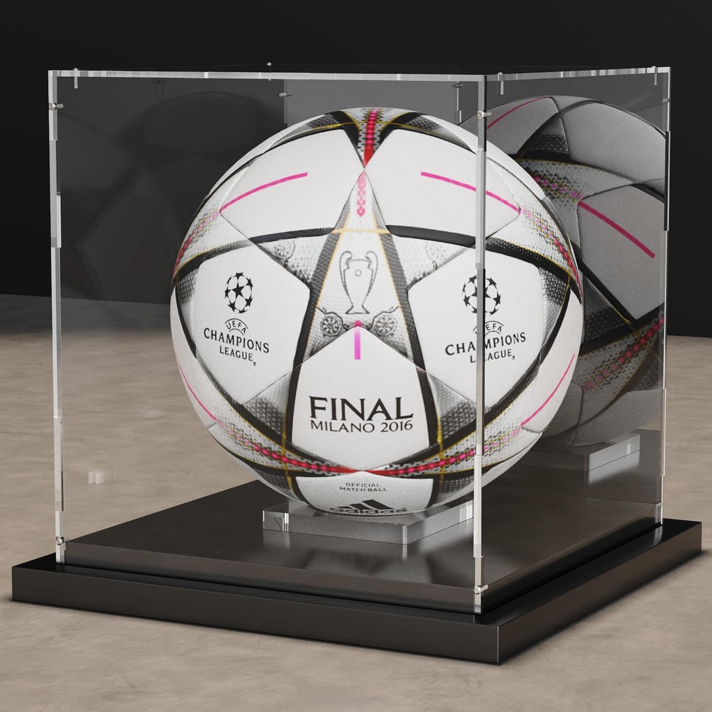 Soccer Ball Display Case with Mirror Back and Black Base Holder