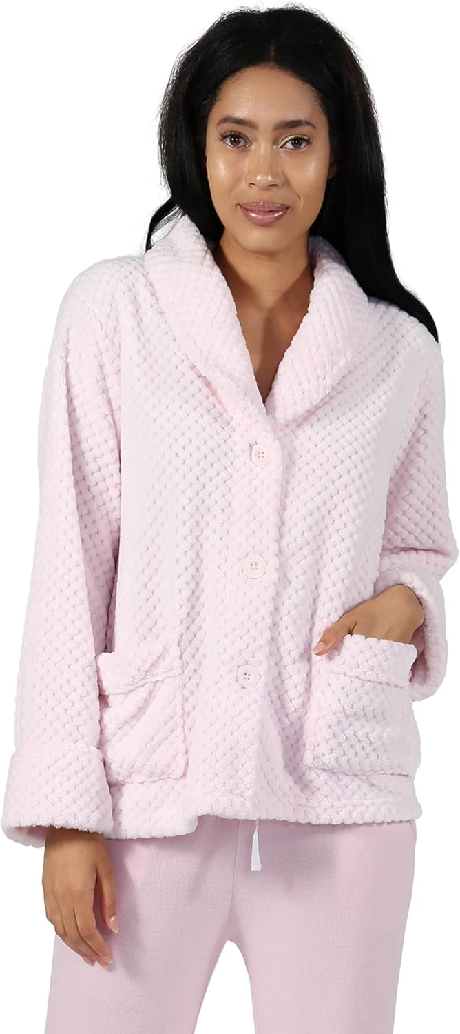 Stylish Women's Fleece Bed Jacket with Notched Collar and Pockets
