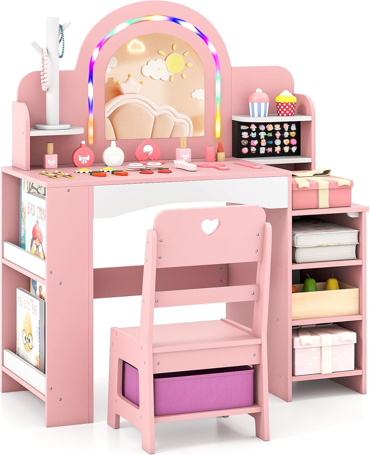 Costzon Kids Vanity Set with Lighted Mirror and Storage Space