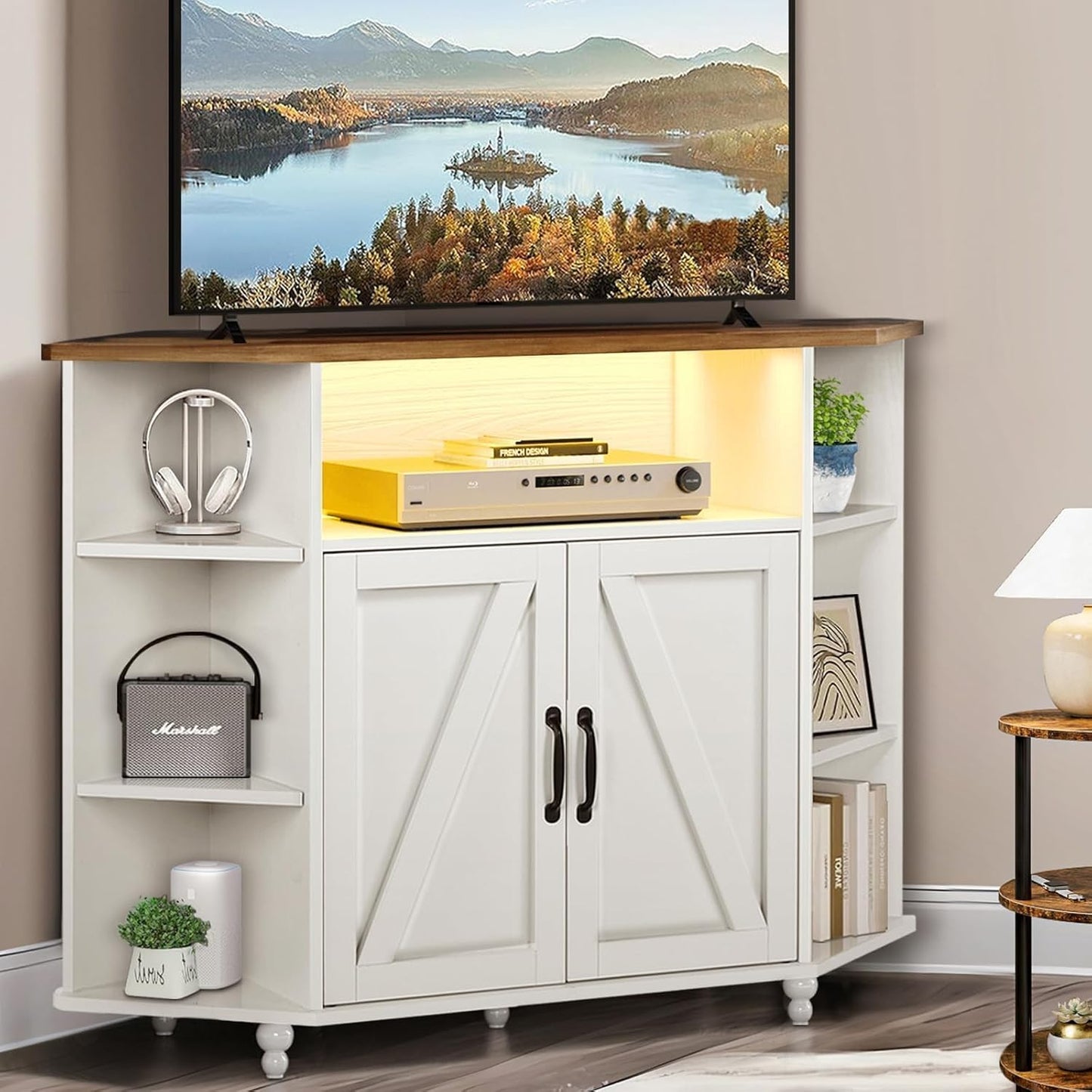 Farmhouse Corner TV Stand w/ LED Lights & Barn Doors