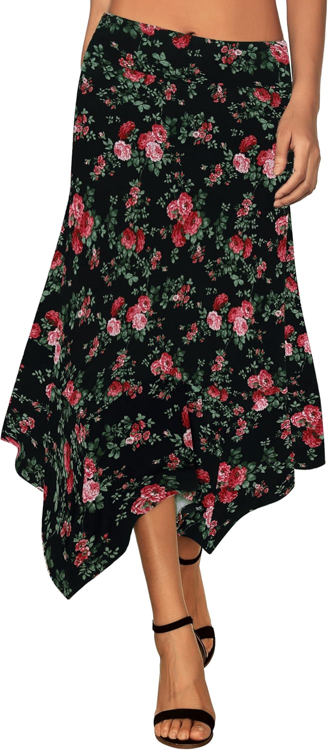 DJT Women's Casual Midi Skirt with Stretchy Waistband Design