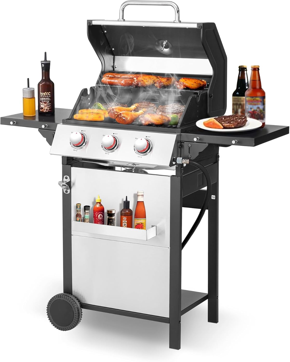 3-Burner Propane Gas Grill with Foldable Side Tables for BBQ